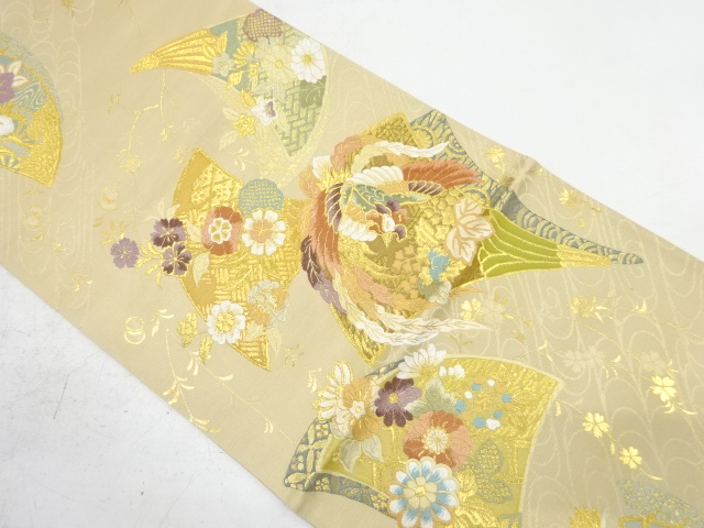 アンティーク　扇面に鳳凰・草花模様織り出し袋帯(材料)